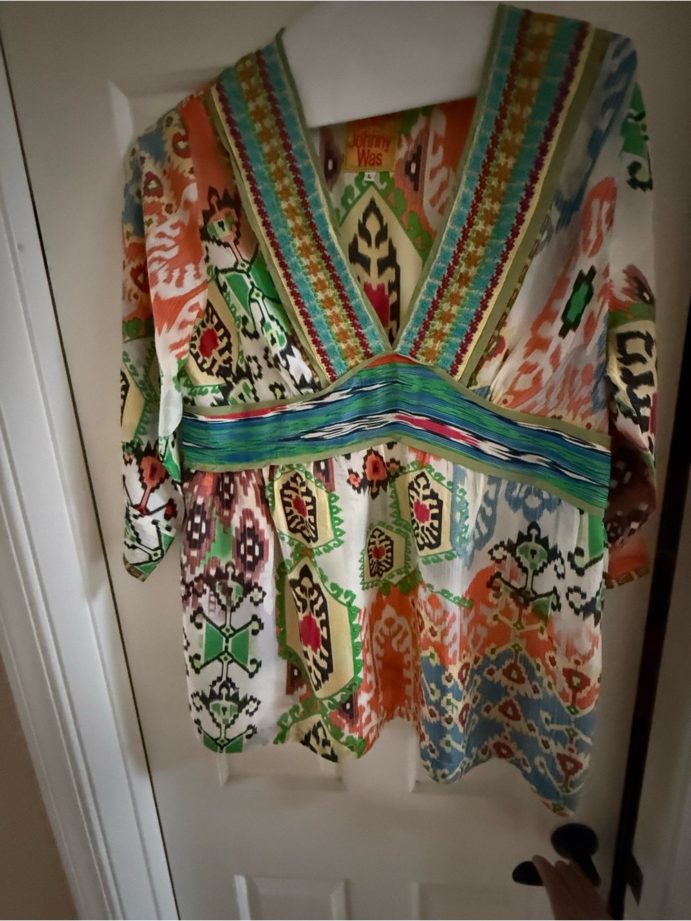 Johnny Was Silk Multicolor V-Neck Embroidered Tunic Top